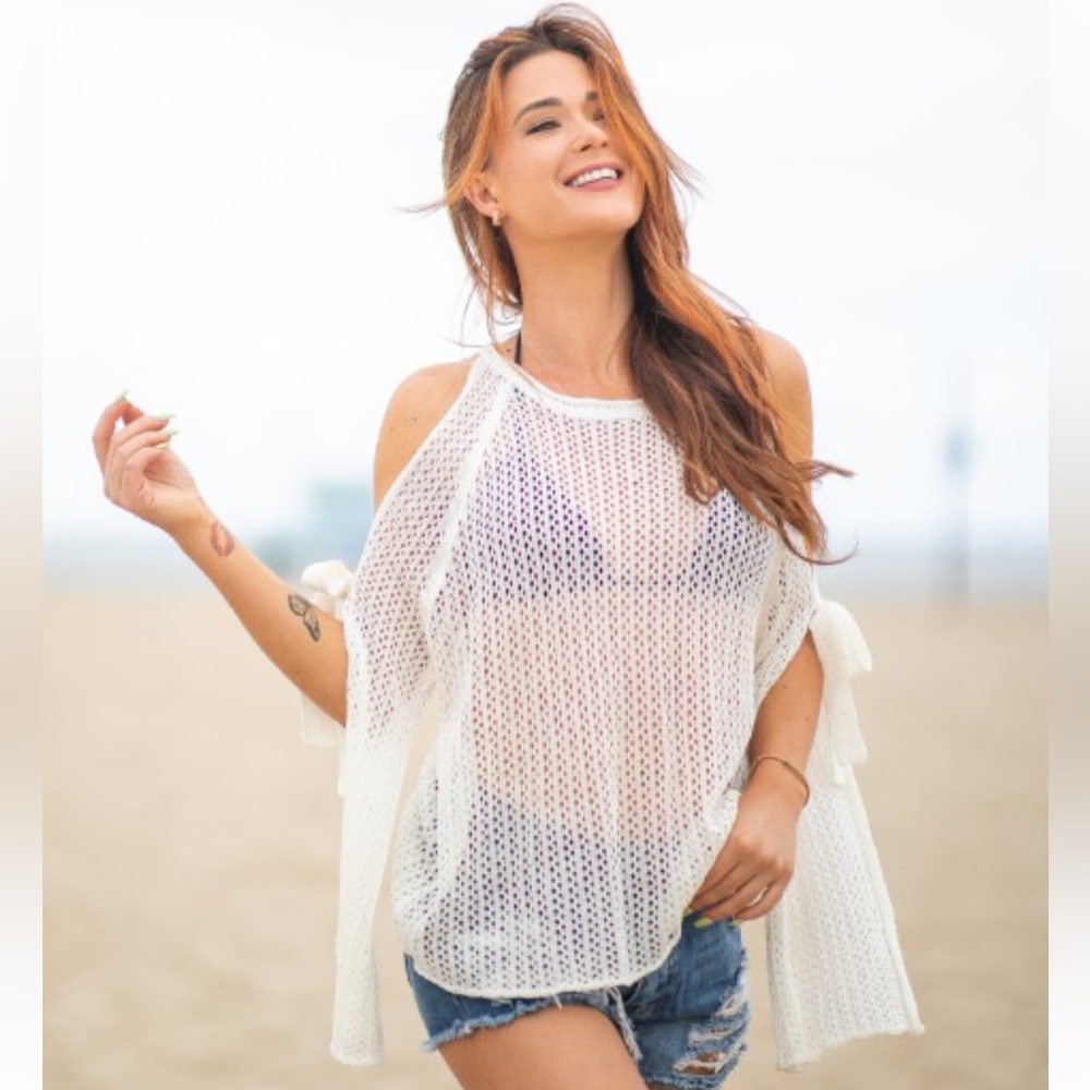 Crochet Knit Cold Shoulder Top Swimsuit Coverup Hollow Out Knit Loose Shirt - Picture 1 of 7